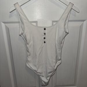 L* Space Women’s M White Ribbed Swimsuit Swim Button Front Beach Pool One Piece